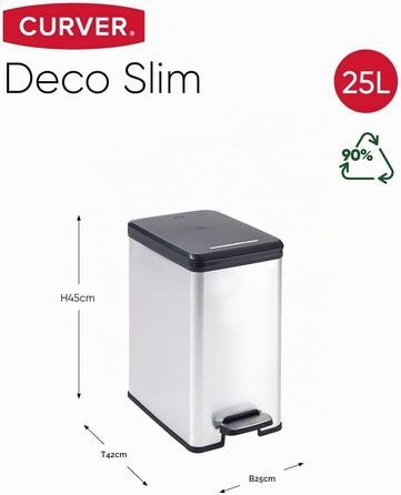 Сміттєвий кошик Curver Deco Slim 40 л, пластиковий, чорний/сріблястий металік, 39.3 x 25 x 60.7 см