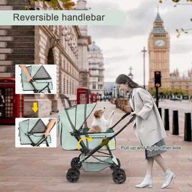 Візок для собак Wedyvko до 20 кг, 4 колеса, складаний, для маленьких та середніх собак та котів, з кошиком для зберігання та тримачем для напоїв (зелений)