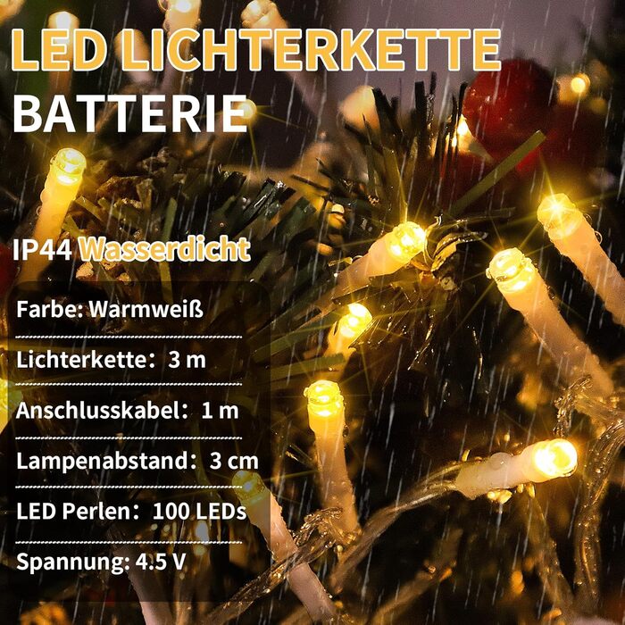 Льод-гірлянда LED 200 LED на батарейках: тепле світло, водонепроникна, з пультом, для декору саду, вечірки, балкона, ялинки