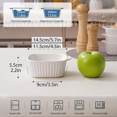 Набір форм для запікання NUTRIUPS 400мл (4 шт.) з кераміки, 14.5 x 11.5 x 5.5 см, квадратні, з ручками, для духовки та мікрохвильовки (білі)