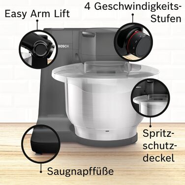 Bosch Kitchen Machine Series 2 MUMS2EB01, Stainless Steel Bowl 3.8 L, Planetary Mixer, Dough Hook, Beaters and Whisk (Stainless Steel), Food Processor Attachment, 3 Discs, 700 W, black