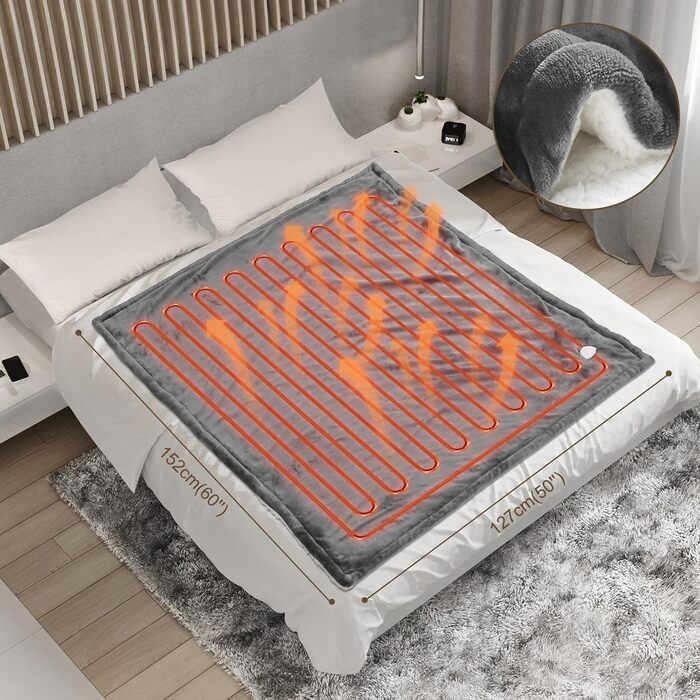 Електрична грілка OneAmg з таймером та 6 рівнями нагріву, 155 x 180 см, з пультом керування, машинне прання, блакитна/сіра