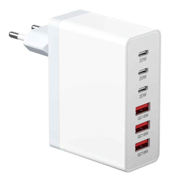 Зарядний пристрій USB-C 50W, 5 портів: 2 USB-C та 3 USB-A, швидка зарядка PD 3.0 для iPhone, Samsung, телефонів, планшетів (Сірий)