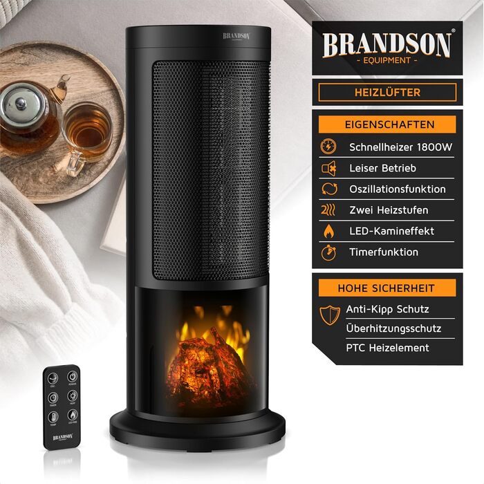 Електричний обігрівач Brandson з ефектом каміна: тихий, енергоефективний, з дистанційним керуванням, таймером, для ванної, вітальні, офісу, дитячої кімнати (чорний)