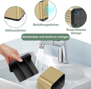 Тримач для зубних щіток електричної та звичайної, дерев'яний, з дренажними отворами, на 4 щітки, для ванної кімнати (Чорне золото, середній)