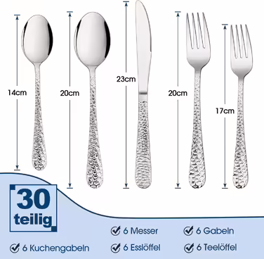 Herogo Cutlery Set, 30-Piece Stainless Steel Cutlery Set for 6 People, Elegant Hammered Silver Cutlery with Knife, Fork, and Spoon, Dishwasher Safe/Rustproof/Polished