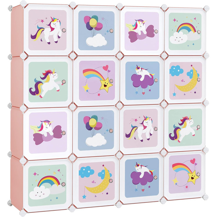 SONGMICS 16-Cube Storage Organizer with Doors - Kids Closet, Shoe Rack, Multi-Purpose - Pink