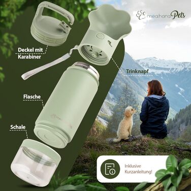 Hana Pets Portable Dog Water Bottle with Bowl & Travel Lid - Stainless Steel, Insulated, Includes Carabiner Clip