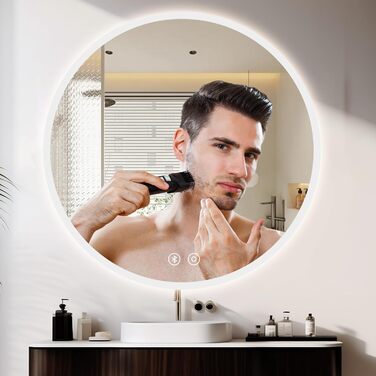 Дзеркало для ванної кімнати YOLEO круглої форми з підсвічуванням, 60 см, з сенсорним вимикачем, захисне скло, 3 кольори світла, регулювання яскравості, 6500K (70x70 см)