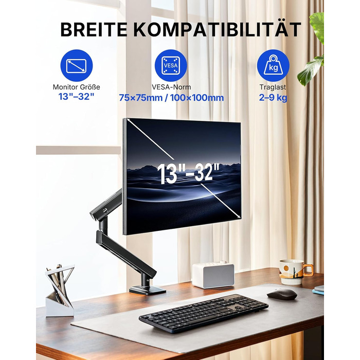 Кронштейн для монітора HUANUO FlowLift Pro MechaSpring, 13-32 дюйми, до 9 кг, регулювання нахилу, повороту та обертання, VESA 75/100 мм, для геймінгу та офісу