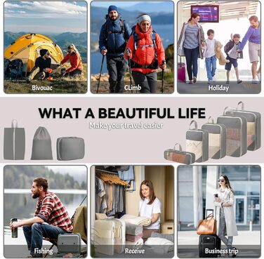 Набір органайзерів для валізи 8 шт., компресійні пакети для подорожей, сірий колір