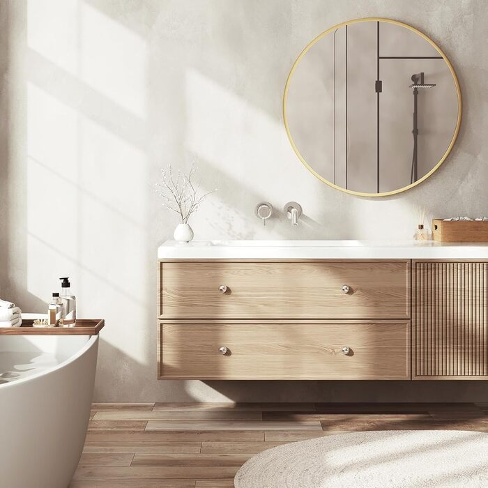 Круглий настінний дзеркало WOLTU 40 см з рамою, декоративне для ванної, спальні, вітальні, коридору, з металу, скла та MDF, золотий (71 x 71 см)