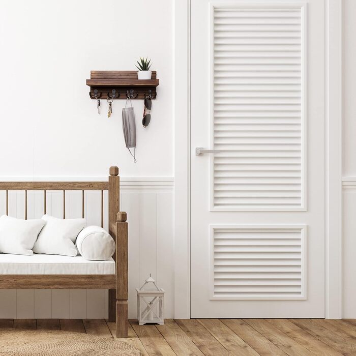 Настінний ключний органайзер NAUMOO з дерева, 4 гачки з латуні, полиця для ключів, гаманця, вхідний коридор, стиль рустик, темно-коричневий