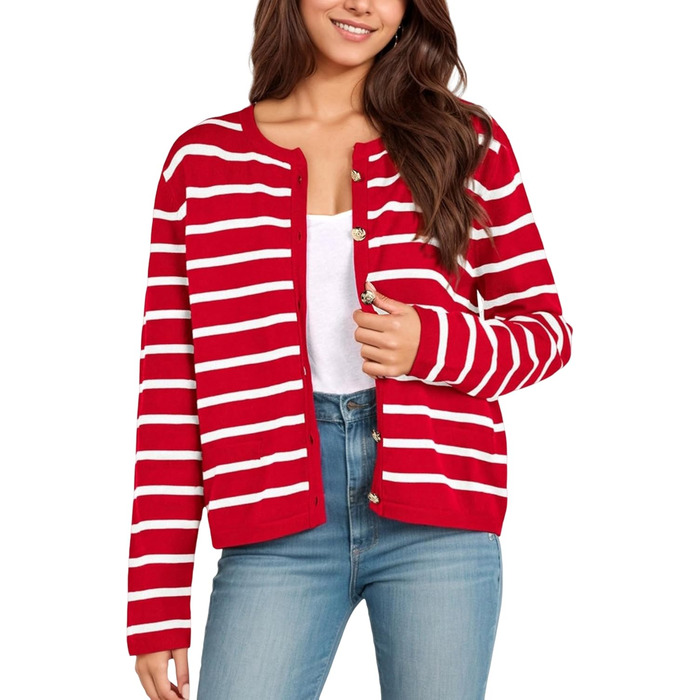 Жакет жіночий короткий з 2 кишенями на ґудзиках, смугастий пуловер, стильний осінній кардиган з круглим вирізом, модний в'язаний пуловер (S, Червоний)