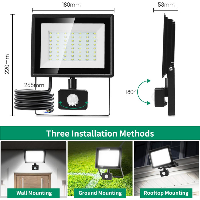 Aigostar 20W LED Floodlight with Motion Sensor Outdoor, 1650LM 6500K Cool White Outdoor Floodlight, IP65 Waterproof Spotlight, Outdoor Light for Garden, Courtyards, Garage, Hotel, 2PC (50W, 2PC)