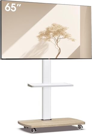 AOKCOS Rolling TV Stand with Wood Shelf - Adjustable Height & Swivel - Fits 32-65 Inch TVs - Up to 40kg, VESA 400x400mm