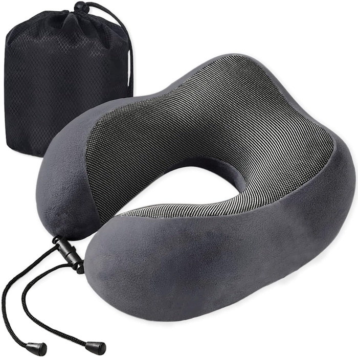 Подушка для шиї Poligono для подорожей: компактна, з піною з пам'яті, для літака, м'яка та комфортна (темно-сіра)