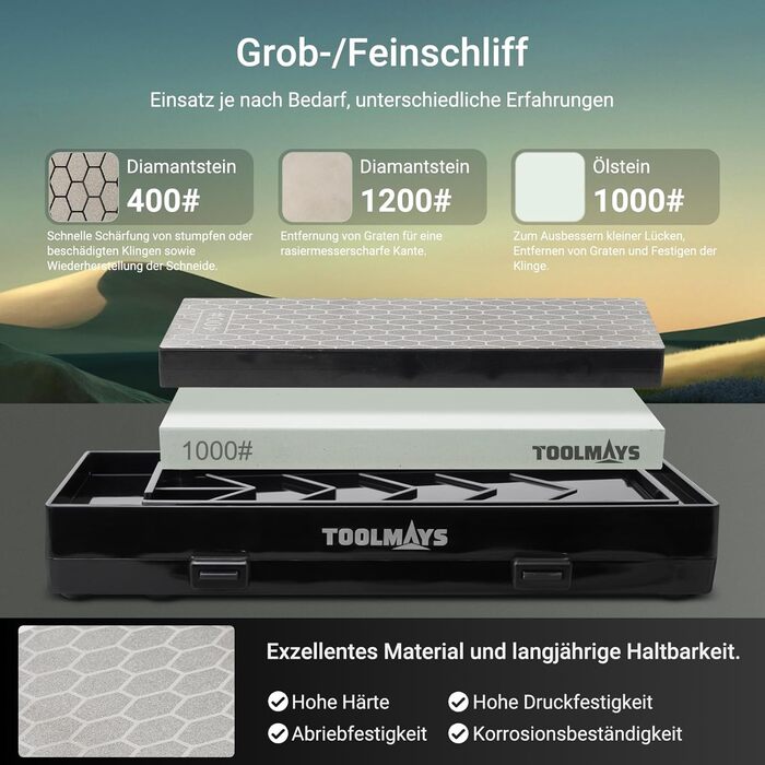 Набір для заточування ножів Schleifstein: зернистість 400/1000, підставка з бамбука, кутовий упор, двосторонній камінь, заточувальний камінь (діамантова зернистість 400/1200 з 1000#)