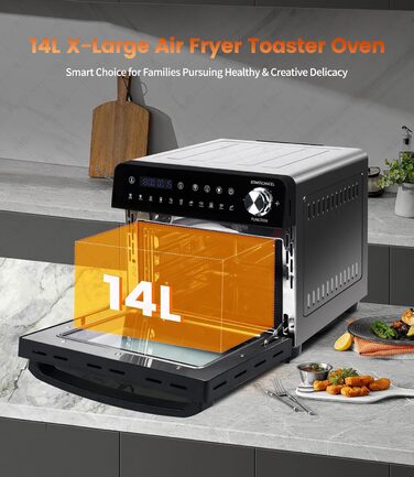 Аерофритюрниця 14 л Emphsism, міні-піч Airfryer XXL 1800 Вт, 11 програм, LED-екран, 4 аксесуари (шампур, решітка тощо), з рецептурником