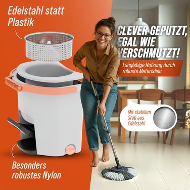 Набір для миття підлоги CLENOVA® з відром та системою віджимання педаллю, 2 мікрофібрових насадок – для всіх типів підлоги, сірий