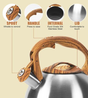 Чайник-свисток Foedo з нержавіючої сталі з дерев'яною обробкою, 3.2 л, для чаю, води, кави та молока, класичний дизайн, червоний (срібний)