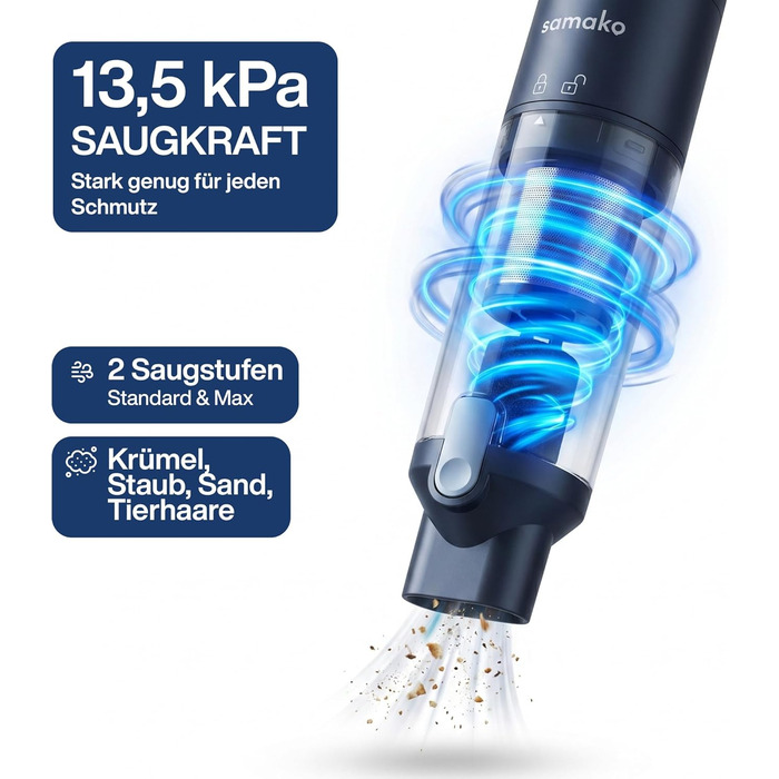 Samako Акумуляторний пилосос NanoDetect Pro 13,5 кПа з LED-дисплеєм, ультралегкий (0,85 кг), HEPA-фільтр, для дому, авто та дивана