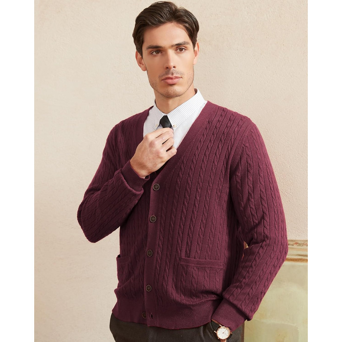 Чоловічий кардиган Kallspin з вовняної суміші, в'язаний з косами, з ґудзиками та кишенями, XL, Бордовий