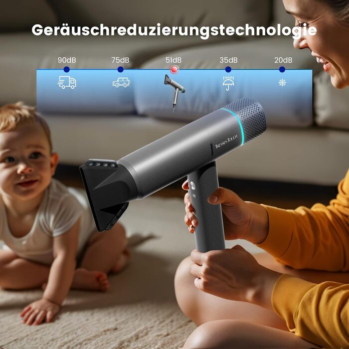 Іонізатор для волосся Föhn - високошвидкісний фен з насадкою-дифузором для жінок та чоловіків, 3 режими/2 швидкості, легкий, рівномірне тепло, тихий, чорний (сірий)