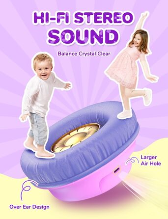 iClever Бездротові навушники для дітей з LED-підсвіткою, обмеження гучності 74/85 дБ, 43 години роботи, стереозвук, Type-C, AUX-кабель, Bluetooth 5.3, для планшетів/подорожей, рожево-фіолетові