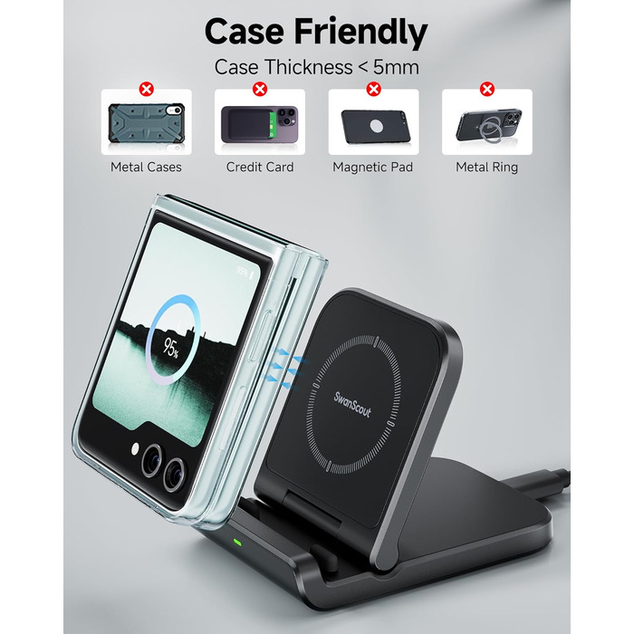 Бездротова зарядка SwanScout для Samsung Galaxy Z Flip 7/7 FE, 6/5/4/3 та Moto Razr 60/50/40 (Ultra), SwanScout 501S (чорний)