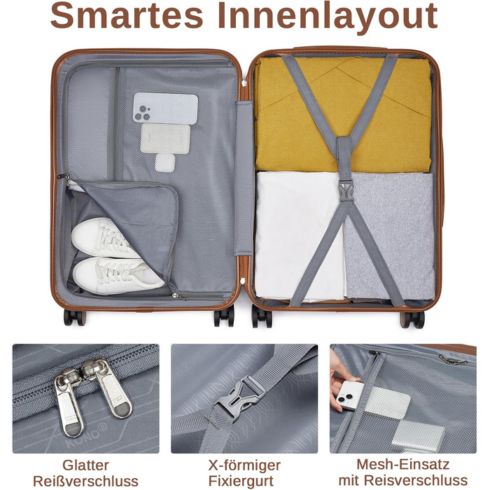 Чемодан KONO 3-в-1: ABS+PC, з коліщатками та кодовим замком (55см, ручна поклажа), червоно-коричневий