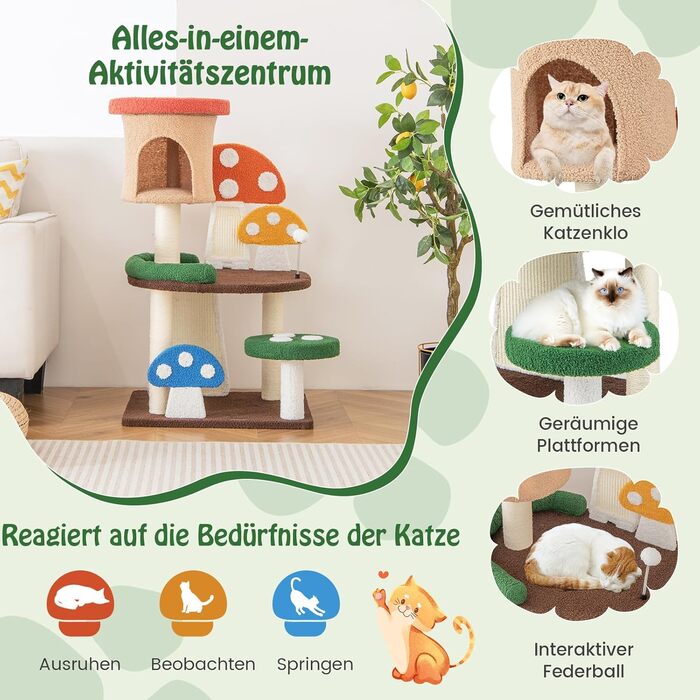 Дерев'яний кігтечка для котів COSTWAY з печеринами та платформою, з сизалевим покриттям, 59x48x102 см, кольоровий