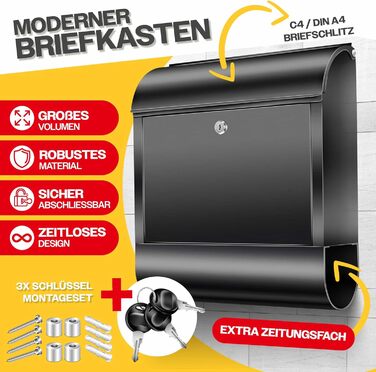 Поштовий ящик настінний KESSER XXL з нержавіючої сталі, з газетницею, замок з 3 ключами, чорний