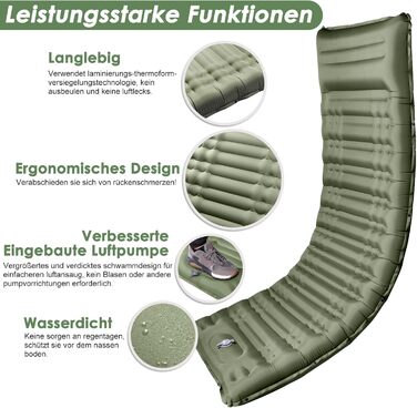 Arlierss Self-Inflating Camping Sleeping Pad with Foot Pump & Pillow - 12cm Thick, Ripstop, Portable, Outdoor, Hiking, Travel, Beach - Army Green