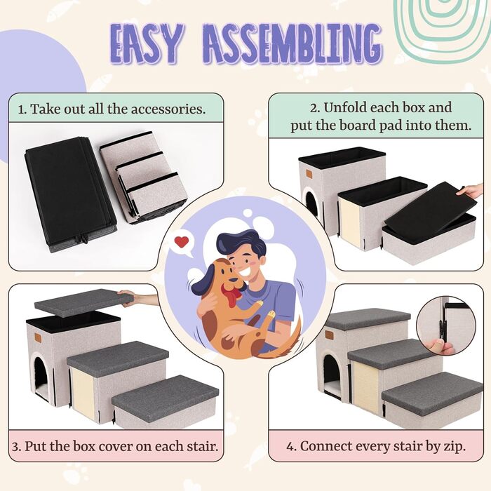 Сходинка для собак Downluxe: 3 сходинки для маленьких собак, з антиковзким покриттям, когтеточкою та гніздом (сіро-бежевий)