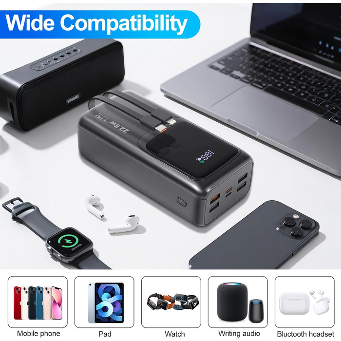 Power Bank 60000mAh 22.5W з LED-ліхтариком та вбудованим кабелем. Швидка зарядка USB-C, сумісний з iPhone, iPad, планшетами. Чорний