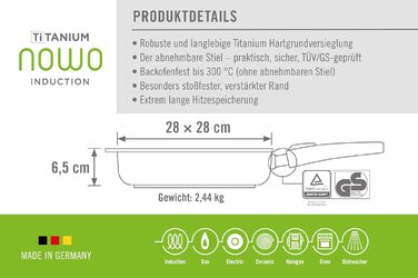 Гриль-сковорода Woll Nowo Titanium квадратна 28x28 см, індукційна, антипригарна, знімна ручка, алюмінієвий литий корпус, для всіх плит