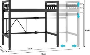 Регульована полиця для мікрохвильової печі, 2-рівнева, розширювана, металева, з 8 гачками, чорна