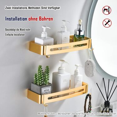 Shower Shelf No Drilling, Shower Rack Champagne Gold Bathroom Organizer with Hooks Wall Shelf for Bathroom Shower Basket, Bathroom Shelf for Toilet, Laundry Room and Shower Room, Aluminum Bathroom Shelf (2 Pack)