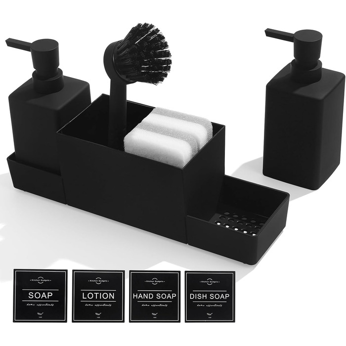 Dish Soap and Hand Soap Dispenser Kitchen Set with Sponge Holder and Brush, Dish Soap Dispenser Kitchen Black, Soap and Dish Soap Dispenser Set Kitchen Gadget Sink Organizer with Soap Dispenser (Black, 4 in 1)