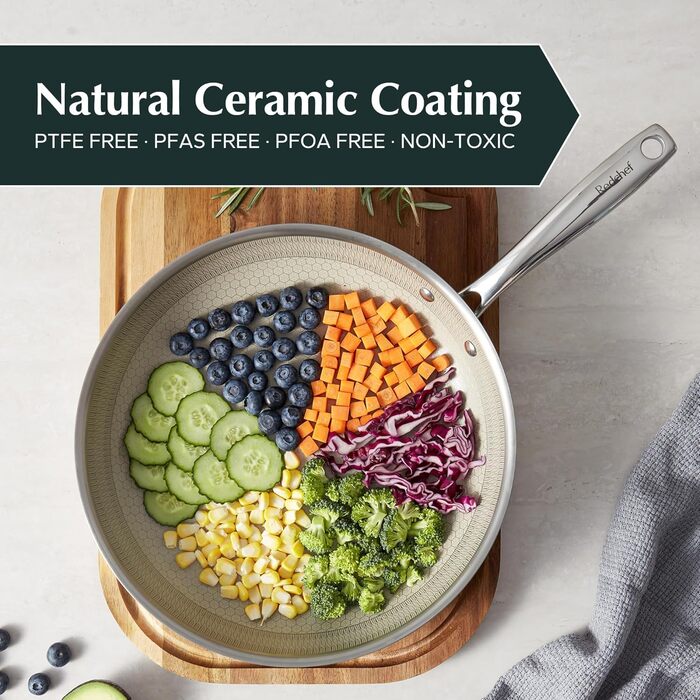 Набір сковорідок Redchef з антипригарним покриттям Ceramic, 3 шт., 20+26+30 см (чорний), 20+24+28 см (бежевий). Без PFOA, PTFE, PFAS. Можна мити в посудомийній машині та використовувати в духовці.