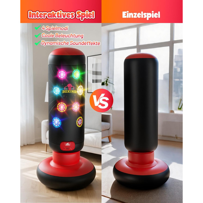Інтерактивна дитяча боксерська груша з підсвіткою та звуком, надувна, з рукавичками, для хлопчиків 6-12 років, червона