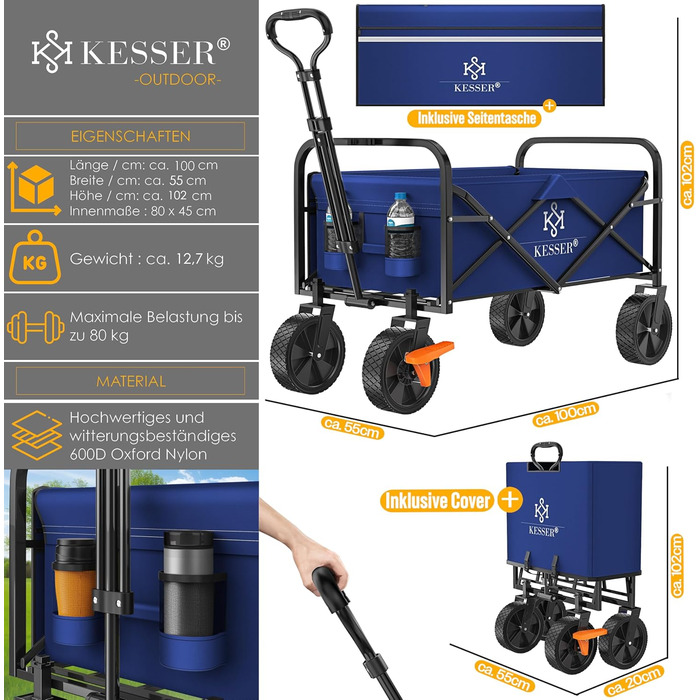Візок-телега KESSER® складний вантажний, до 150 кг, з PVC колесами 360°, синій/чорний - для саду та транспорту