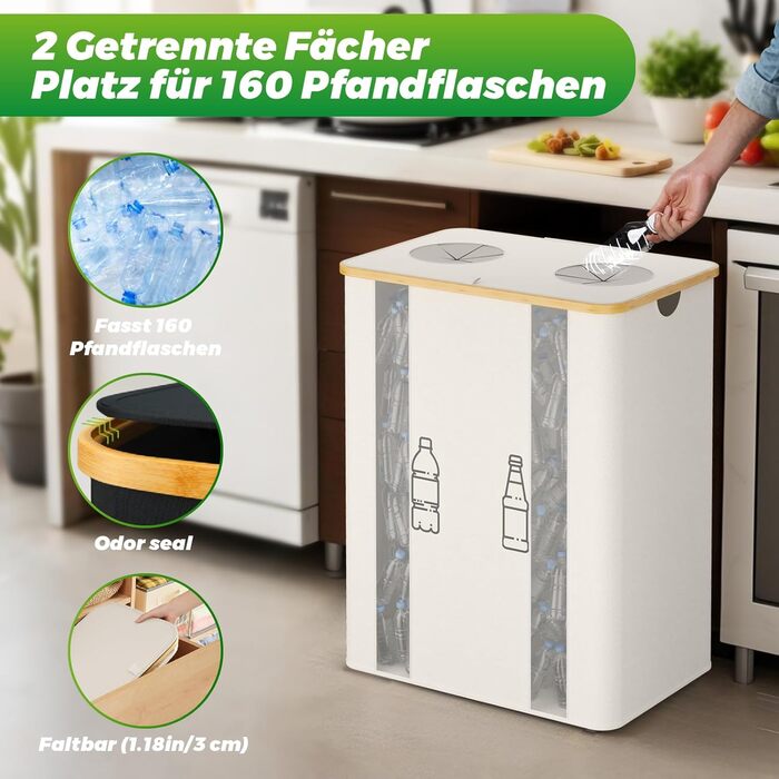 Laundry basket with 2 compartments, deposit bottle collection container with lid, container for deposit bottles, glass recycling, and paper waste collection, deposit bottle container bamboo with bag, must-have (Beige/Cream, XXL)