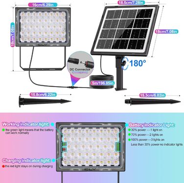 Сонячний RGB прожектор CLV з пультом, IP66, 10 кольорів, 6 рівнів яскравості, 30 режимів, диміруємий LED світильник з таймером і пам’яттю для саду та вечірок