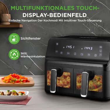 Фритюрниця NutriChef з гарячим повітрям, XXL 8л, подвійна камера, вікно, max 360°C, 9 програм, антипригарне покриття, придатна для миття в посудомийній машині, приготування без жиру, фритюрниця, гриль, духовка, 1700W, 8л, чорний