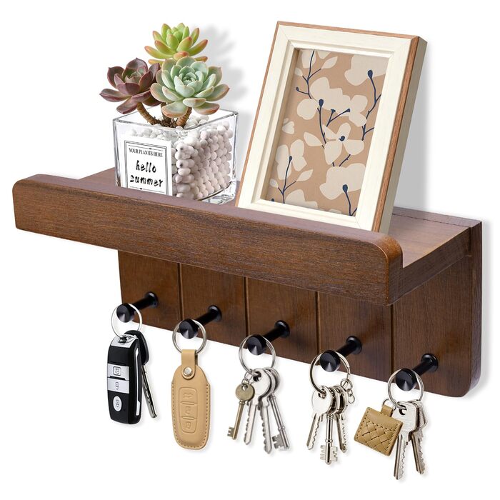 Дерев'яне ключниця з поличкою, ключниця на стіну з 5 гачками, декоративне настінне кріплення для ключів, підходить для прихожей, коридору, кухні, спальні (Темно-коричневий)