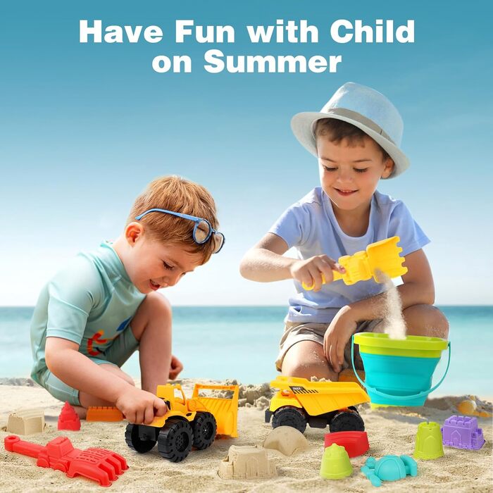 YIMORE Sand Toys Beach Toys for Boys with Folding Bucket Kids Excavator Sandbox Toy, 26 PCS Sand Molds Sand Shovel Kids, Travel Sand Toy for Ages 3+