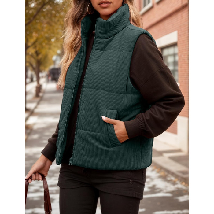 Жіноча тепла зимова жилетка FEOYA з коміром-стійкою, короткий фасон, степкова жилетка з пухозаповнювачем, без рукавів, для переходу між сезонами, тепла, зелена (M)