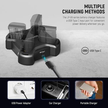 NEEWER LP-E6NH Запасний акумулятор та USB зарядний пристрій, комплект 3 шт., 2250mAh, сумісний з Canon EOS R7, R5, R6, R6 II, 80D, 90D та ін.